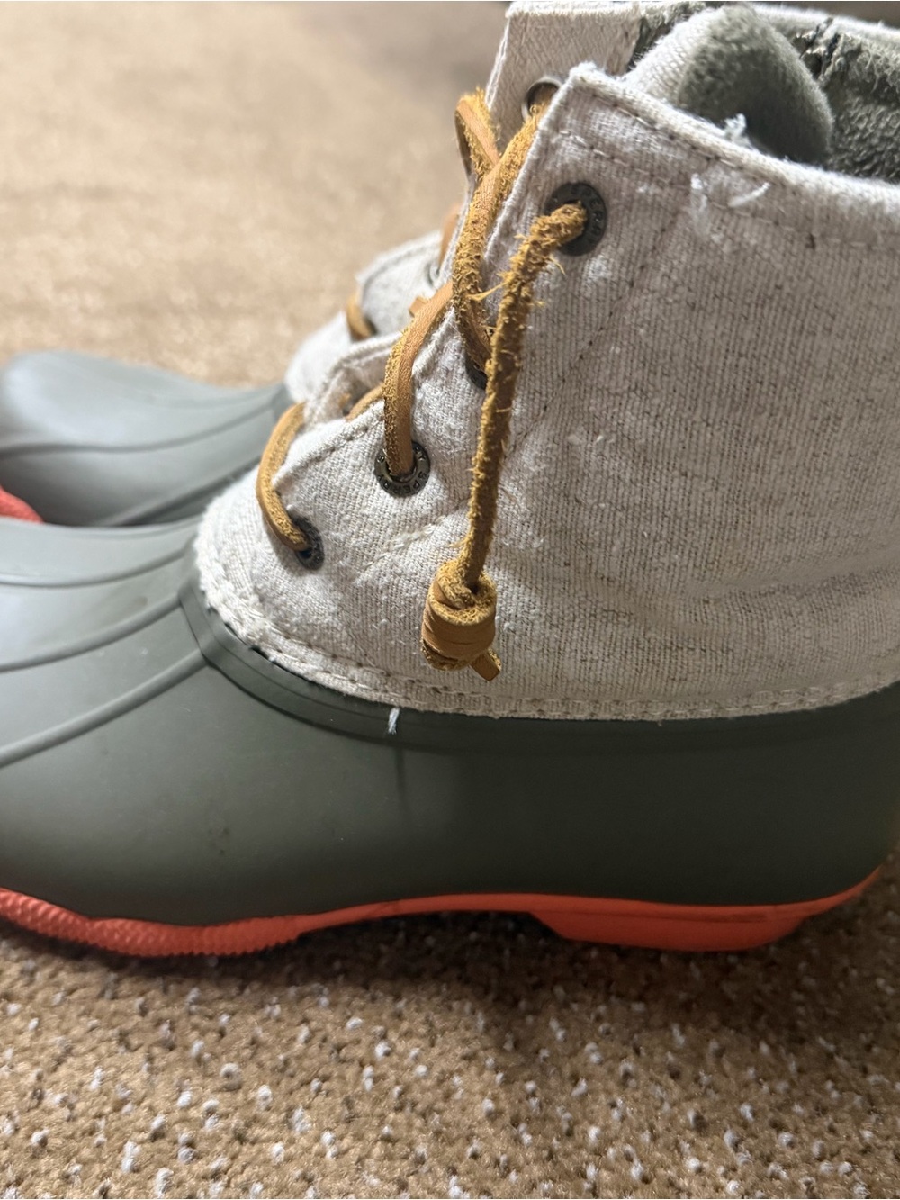 Sperry Waterproof Duck Boots in Olive Green and Orange
